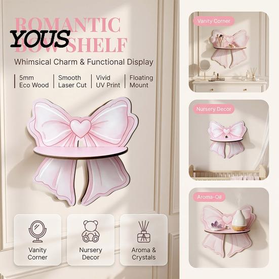 Wall Mount Organizer for Powder Room Cute Pink Bow Wooden Shelf, Shaped Display Rack, Small Floating Shelves Bedroom Storage Shelf Vanity Room,