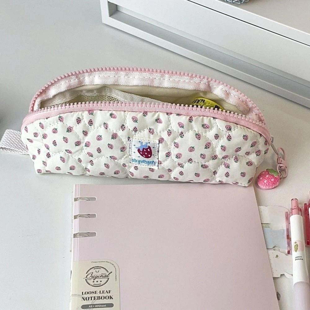 Pink Strawberry Print Stationery Bag with Strawberry Pendant Cosmetic Storage Bag Students Gift