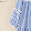ZANZEA Women Casual Round Neck 3/4 Sleeve Loose Plaid Print Dress