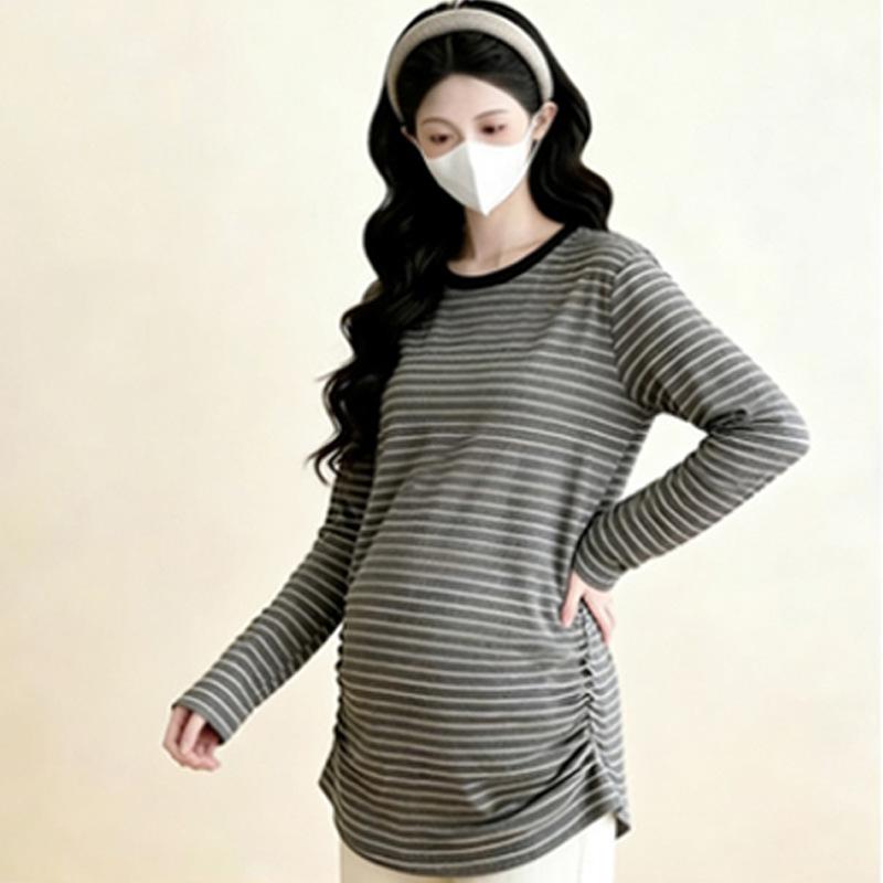 

DeRong Maternity Round Neck Striped Long Sleeve T-shirt – Plus Size Slimming Trendy Design for Moms L fits 52.5-62.5 kg
