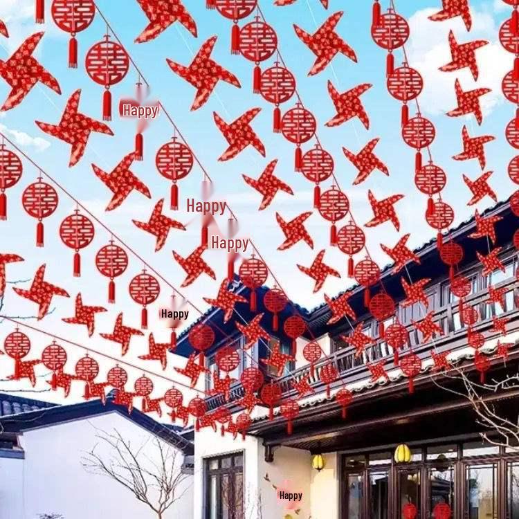 Festone Nuziale Doppia Felicità: Lanterna, Girandola, Luci a Filo, Decorazione Aquilone per Cortile Esterno