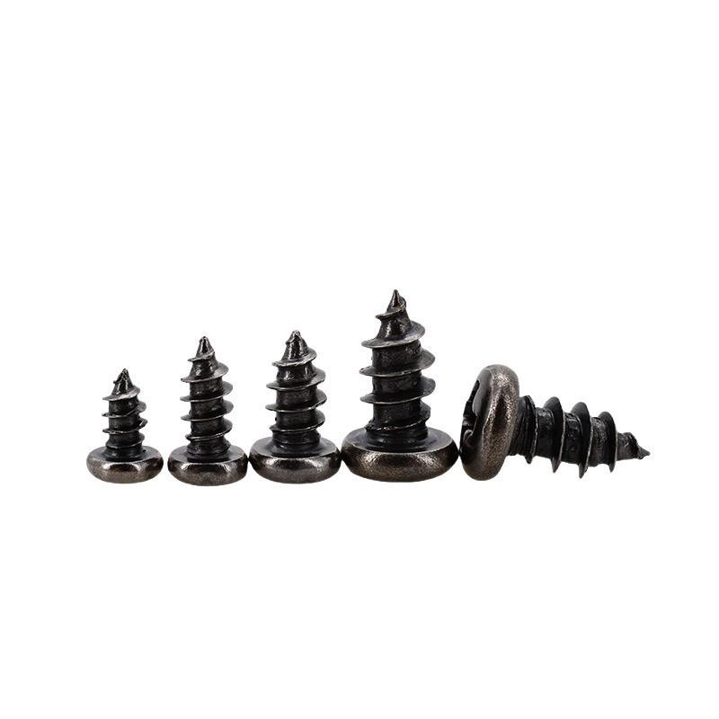 Black Nickel Plated Hardened PA Self-Tapping Screws - Round Head, Pointed Tail, Sizes M1.7-M4.