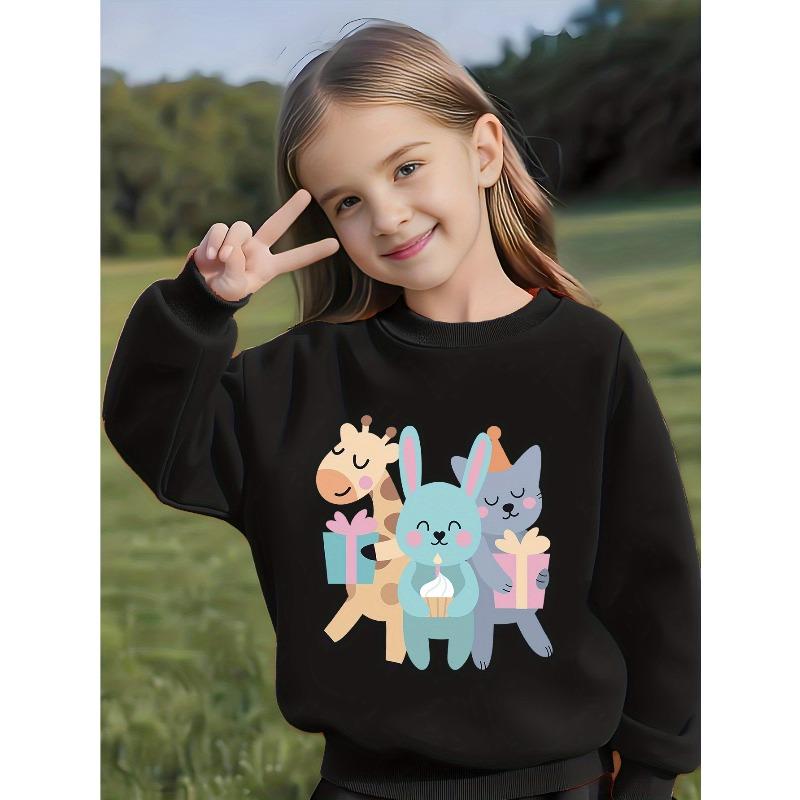 Kids Crewneck Long Sleeve Sweatshirt, Cute Pet Party Cartoon Print with Giraffe, Blue Rabbit & Cat