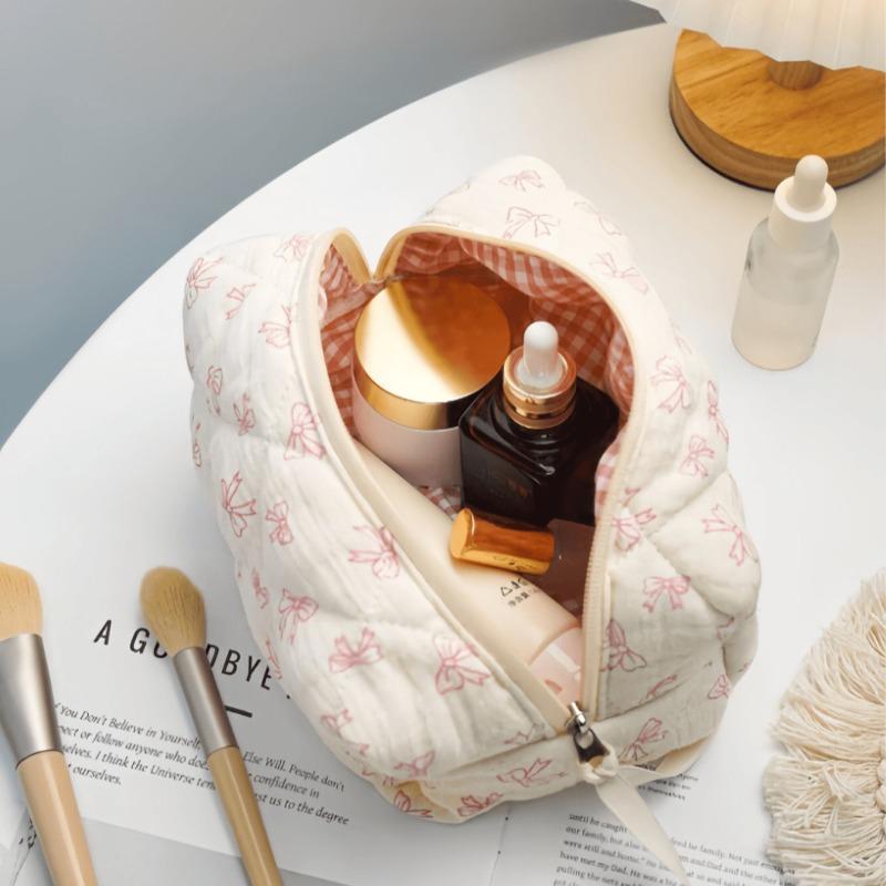 New Bowknot Quilting Women Cosmetic Bag Cute Zipper Travel Makeup Pouch Cotton Aesthetic Storage Bag Skincare Organizer
