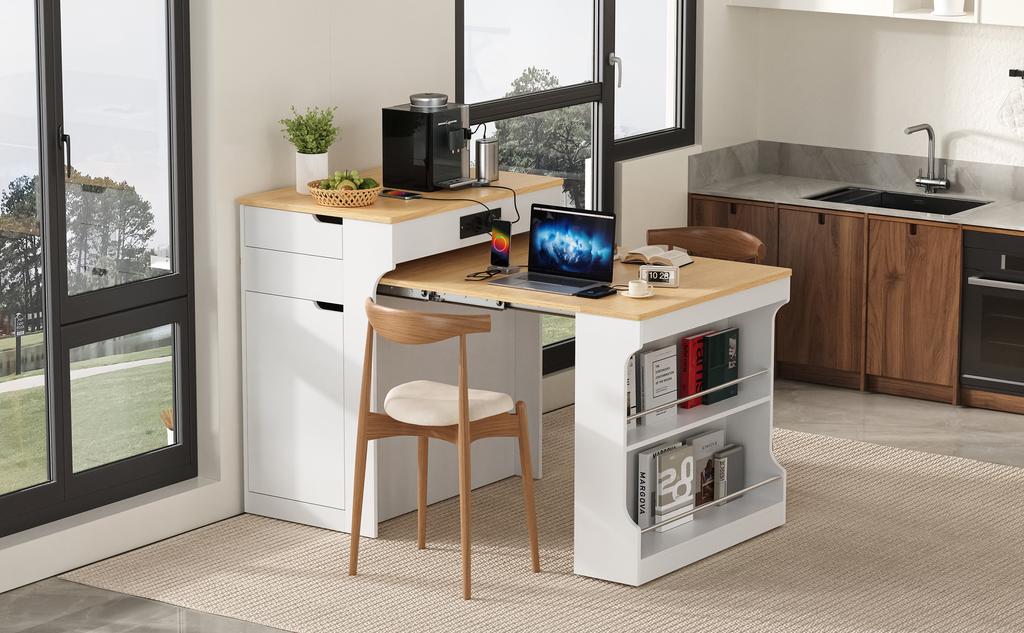 Kitchen Island with Casters, Extendable Dining Table with Power Strips and Two Drawers, Serves As Sideboard or Buffet for Dining Room (White)