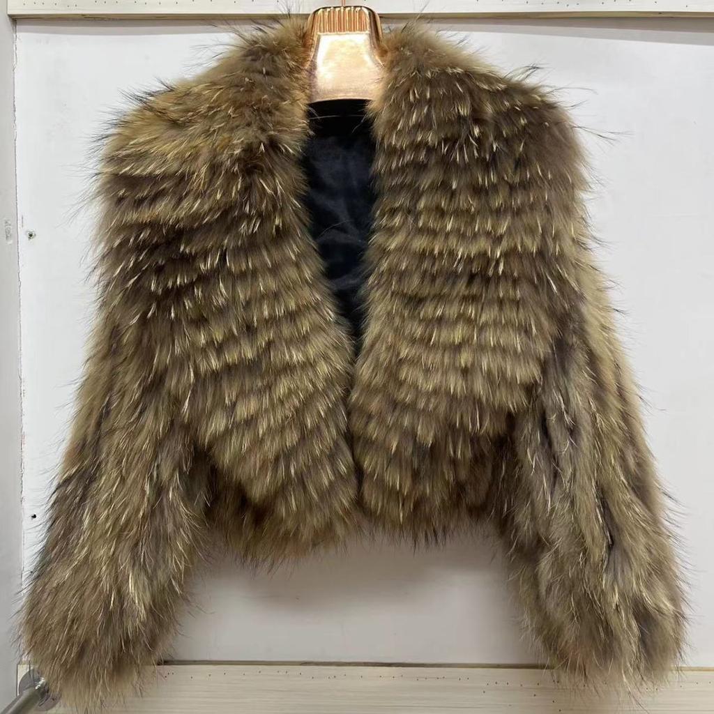 Real Raccoon Fur Coat Quilted Braided Large Lapel Fur Coat High Waist Short Style Youthful Temperament Winter Top