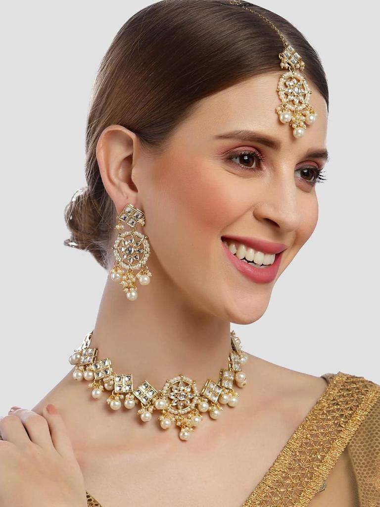 Gold Plated Square Shape Pearl Choker Necklace Set, Metal, Kundan
