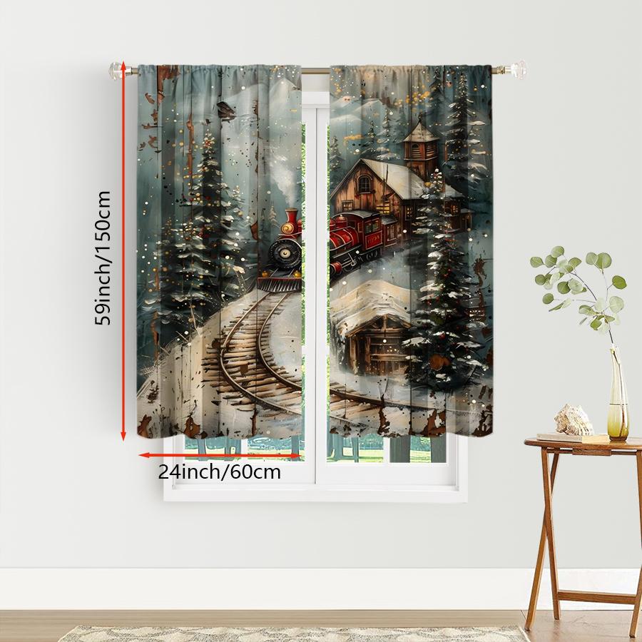 2PCS Christmas Train Curtains, Vintage Wooden Board Snowy Village Scene, Retro Holiday Locomotive Window Drapes for Bedroom