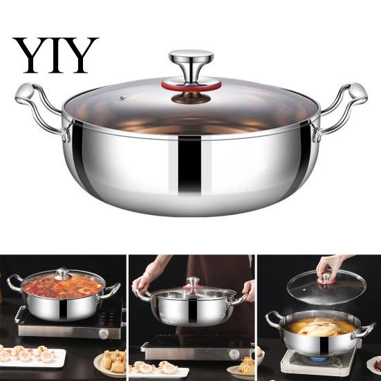 Durable Thickened Metal Soup Pot Stainless Steel with Transparent Glass Lid, Heat-Insulated Family Size Large Capacity Double Handles Stewing