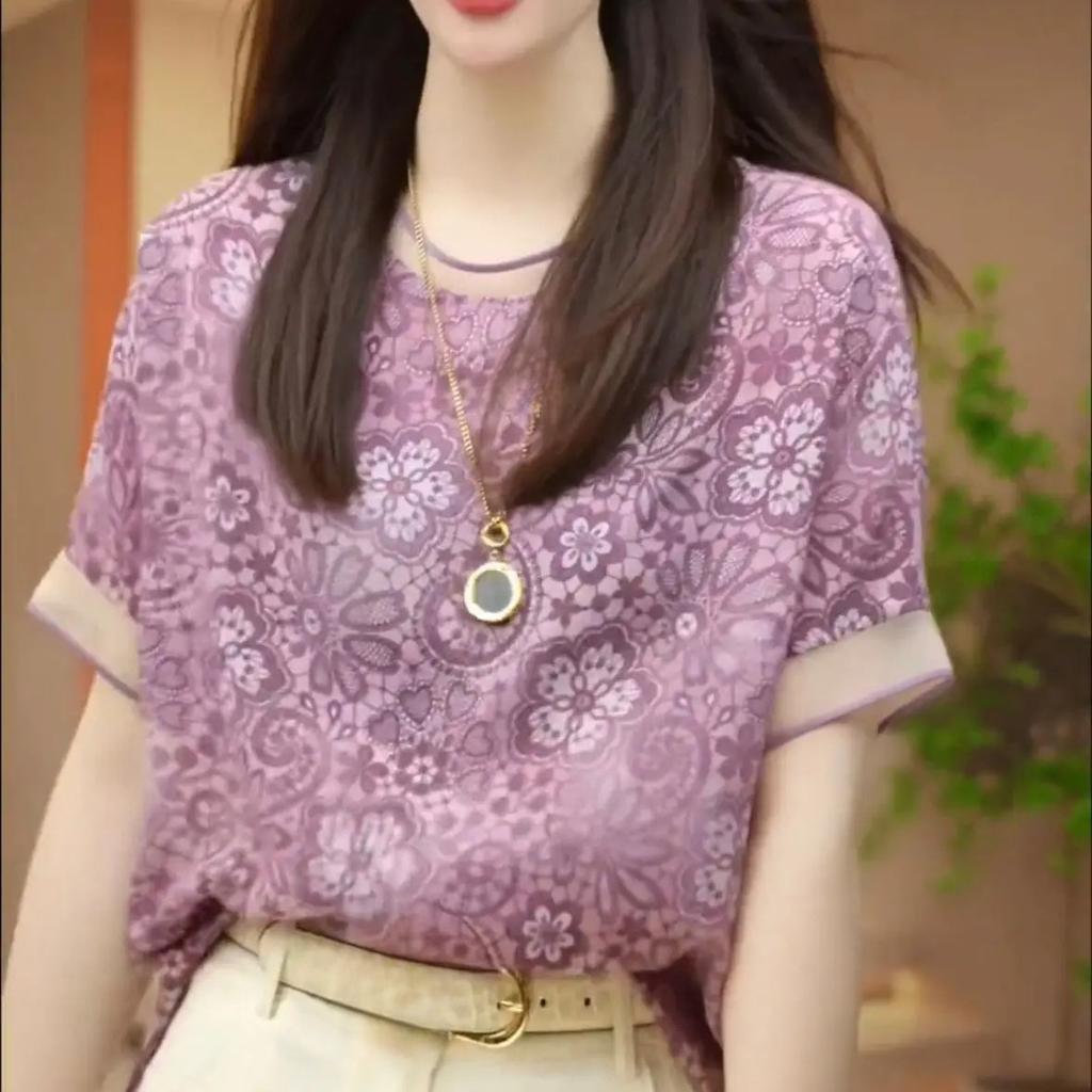 Super Fairy Ice Silk Women's Short-sleeved Purple Summer Loose Belly Cover Top Fashionable and Fashionable Summer Shirt
