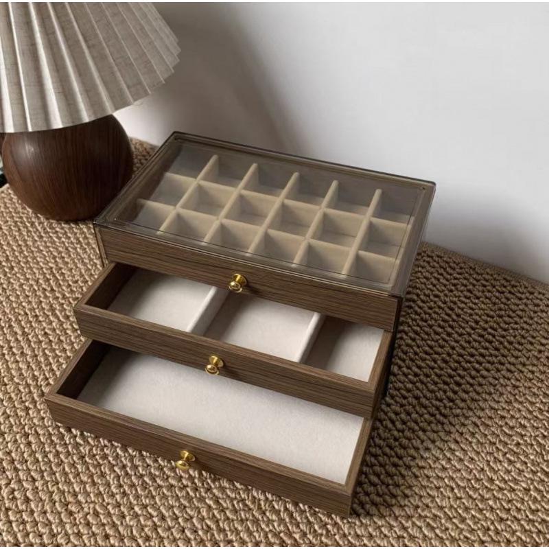 Velvet Walnut Three-Layer Jewelry Box for Earrings, Necklaces, and Bracelets - Large Capacity Display