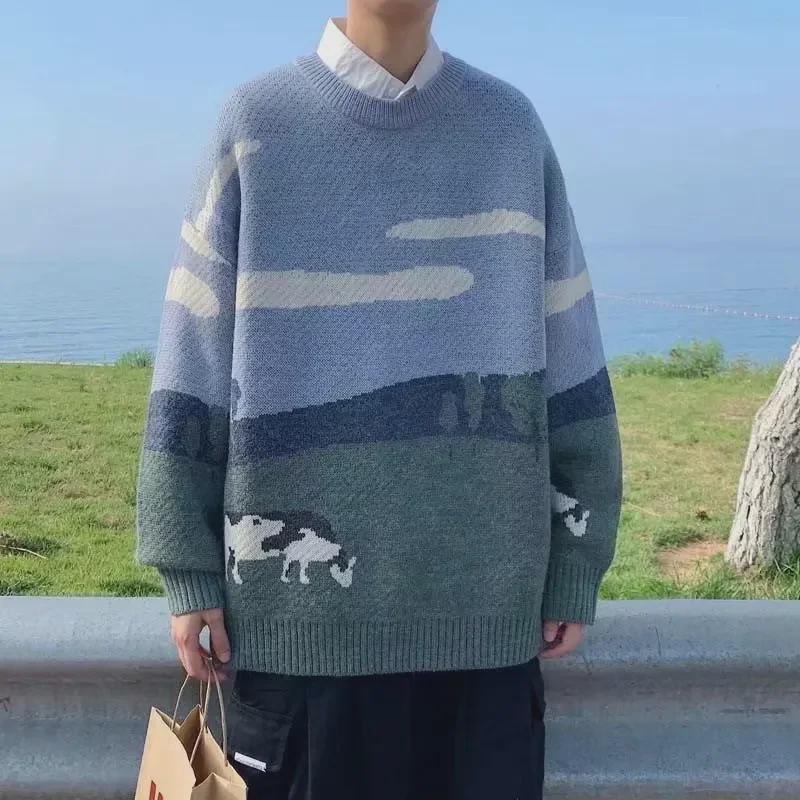 Japanese Trendy Cow Print Knitted Pullover for Men