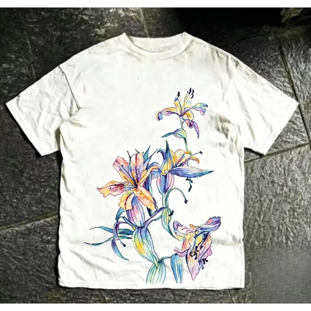 Retro Line Art Iris Flower Graphic Print Cotton Crew Neck Short Sleeve Tshirt Unisex Fresh Preppy Style Personality Casual Tops