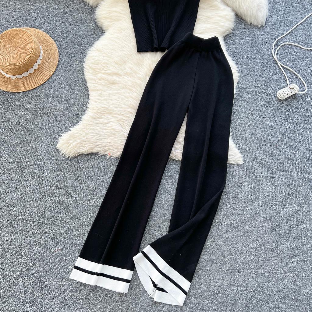 Set de vară pentru femei, casual, cu pulover tricotat în dungi și pantaloni, din două piese, topuri pulover fără mâneci și costum cu pantaloni cu picior lat