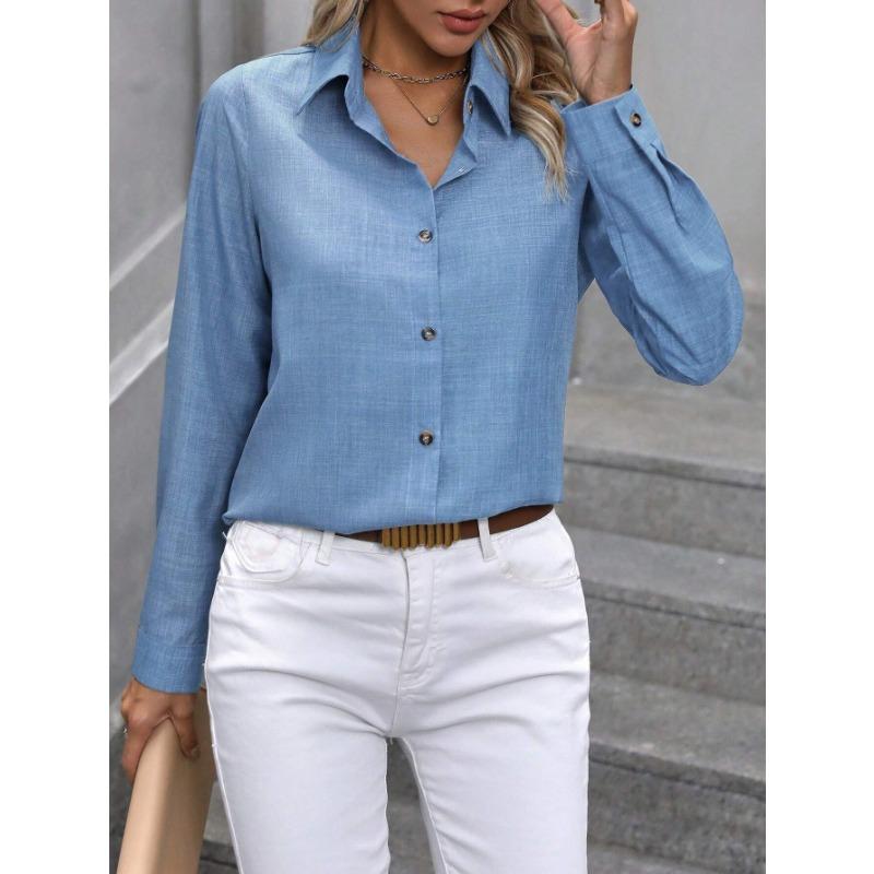 Women S Casual Long Sleeve Turn Down Collar Single Breasted Solid Shirt