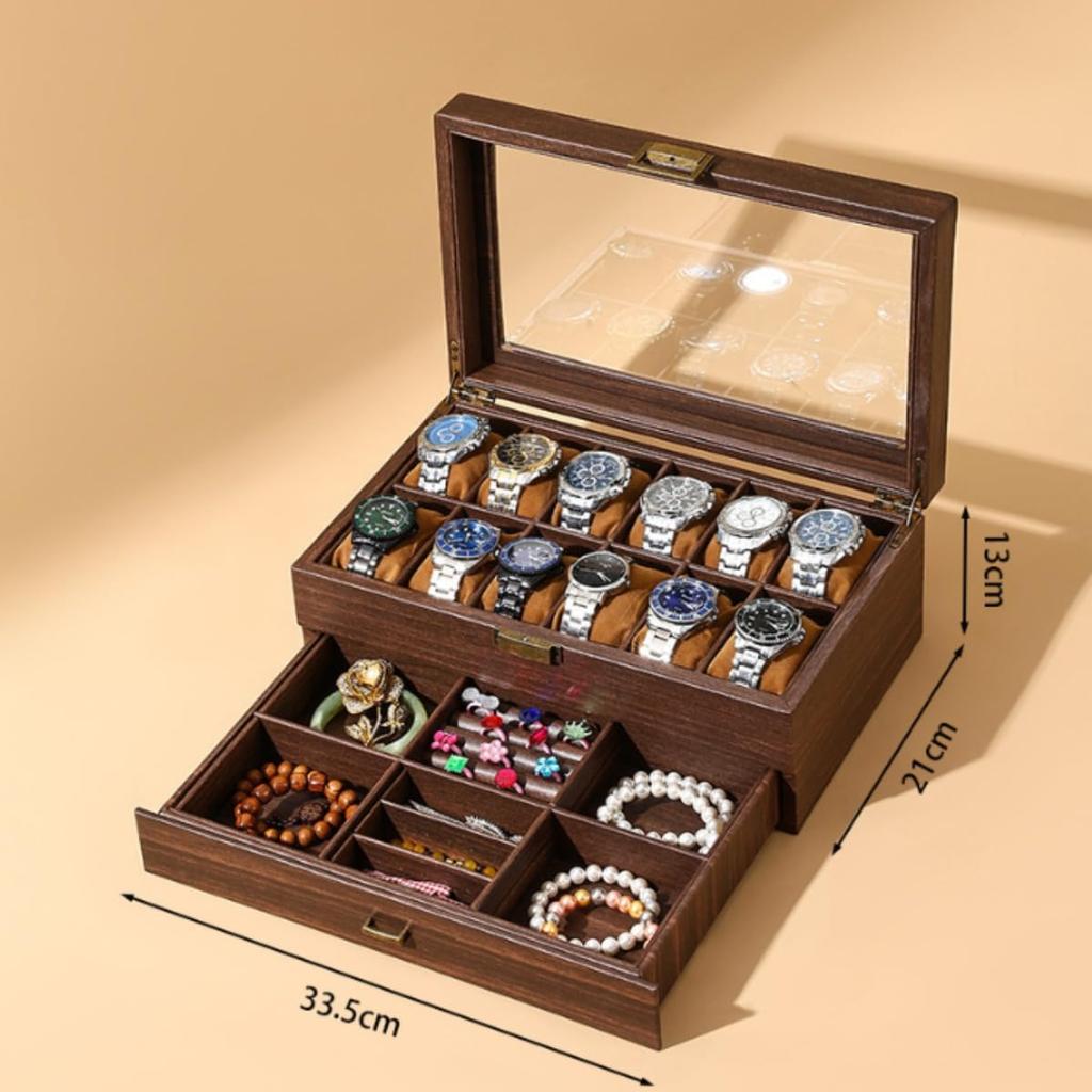 PU Leather & Wooden Watch Storage Box with Clear Glass Window, Multi-Layer Accessory Storage Case with Mirror, Gift-Ready