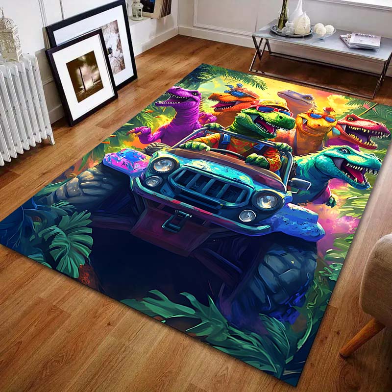 A Group of Dinosaur Cars Print Cartoon Carpet for Bedroom Living Room Bedside Sofa Floor Mat Modern Home Decor Area Rug