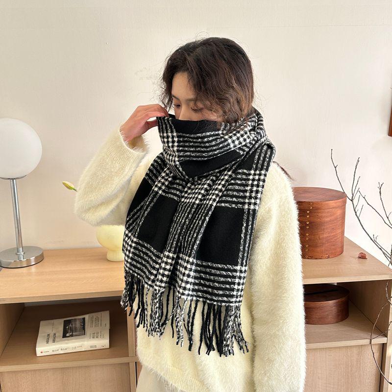 Women's Faux Cashmere Plaid Scarf - Korean Style, Thick & Warm Autumn/Winter Shawl