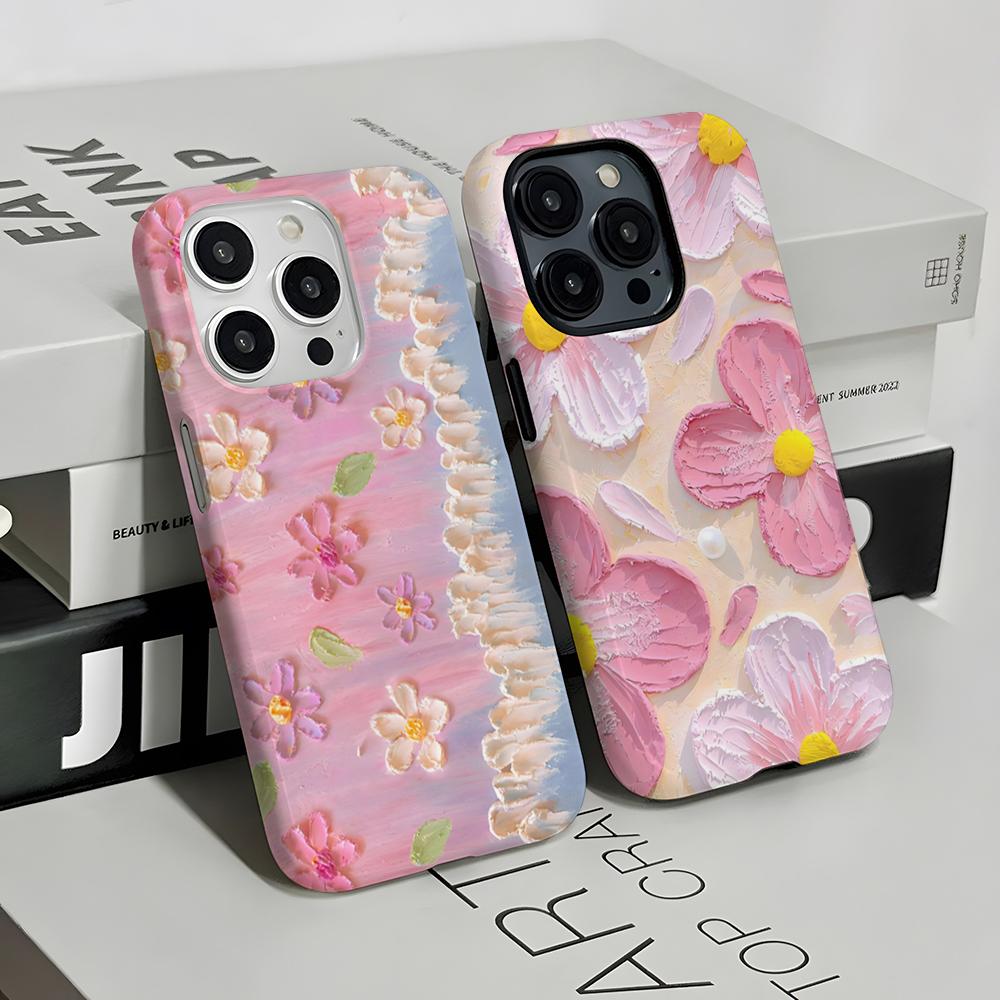 Retro Oil Painting Flowers Phone Case For IPhone 16 15 14 13 12 11 Pro Max Plus Samsung S24 S23 Ultra Glossy HD Hard PC Cover