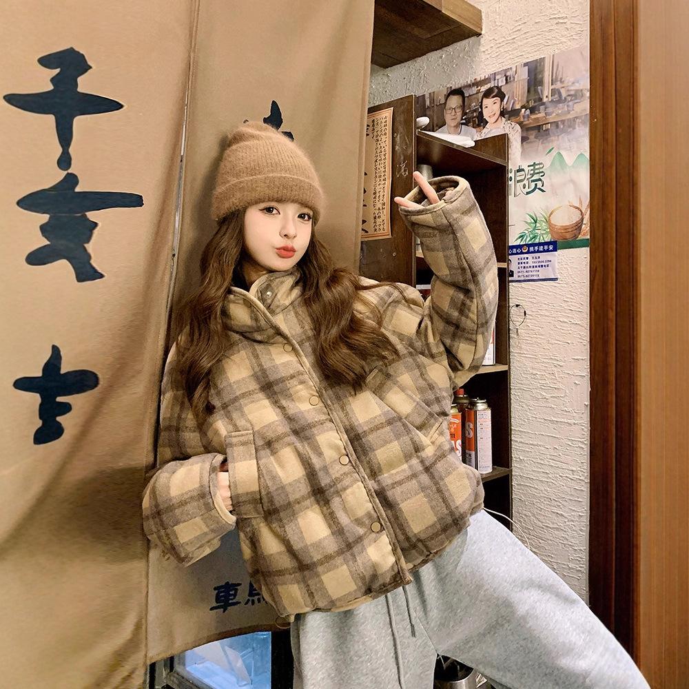 Kurze Kaffee Karierte Baumwollgepolsterte Jacke Damen Winter Locker Oberbekleidung
