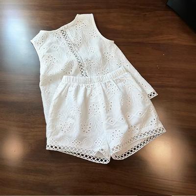 Mädchen Sommer Weiß Durchbrochen Gestickt Ärmellose Weste und Shorts Set Modisches Lässiges Zweiteiliges Outfit Für Kinder