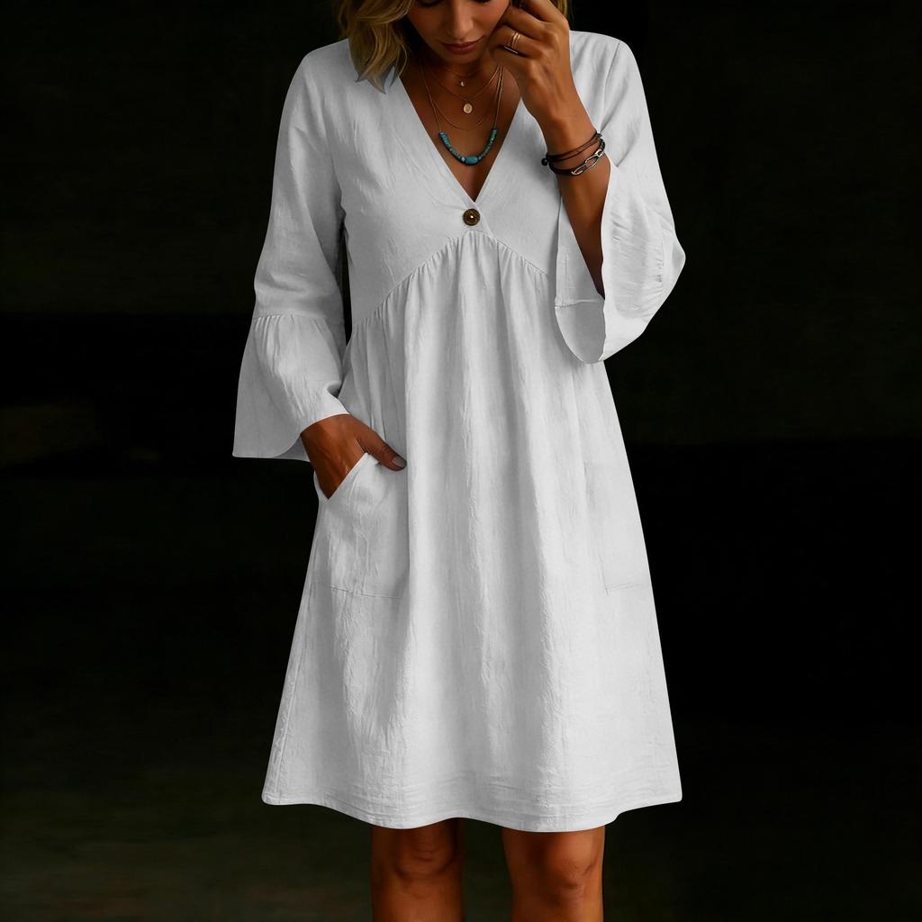 Women's Color V-Neck Button Loose Fit Dress with Flare Sleeves and Pockets for Beach Vacation