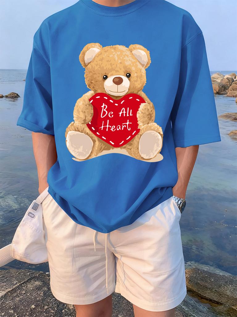 Cartoon Bear Gives You His Heart Prints TShirts Womens Summer Cotton Tops ONeck Soft Loose Short Sleeve Tees Casual Clothes