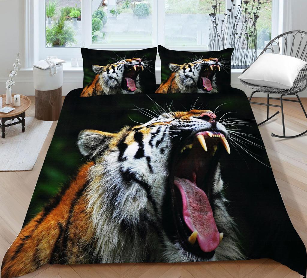 3D Tiger Pattern Luxury Home Bedding Set Full Size Quilt Cover and Pillowcase Ferocious Beast Print Washable Comfortable Bedroom Bedding