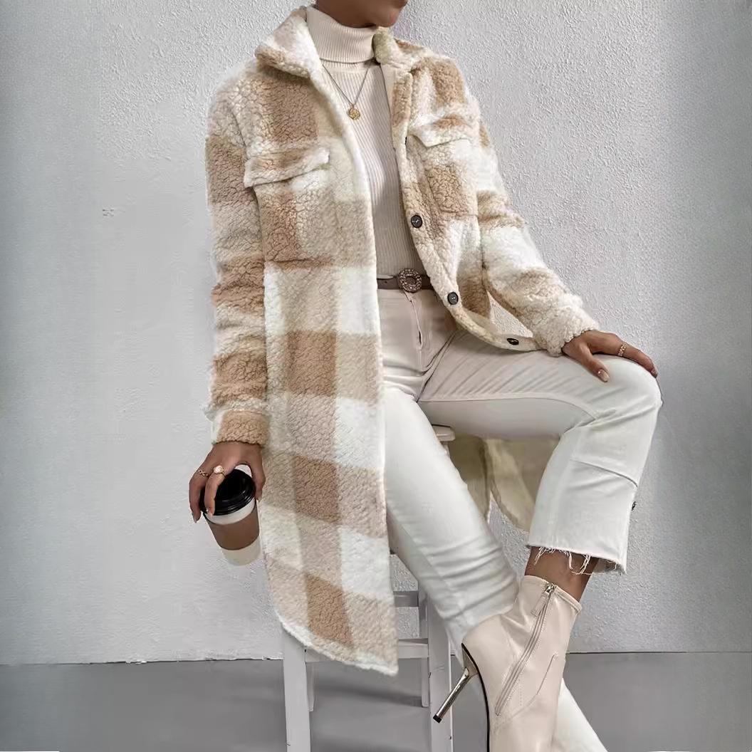 

QICED Осень-Зима Открытая Застежка ПОЛО Воротник Плюшевая Клетчатая Куртка Свободный Темперамент Для Повседневной Носки Длинное Пальто Женское XL