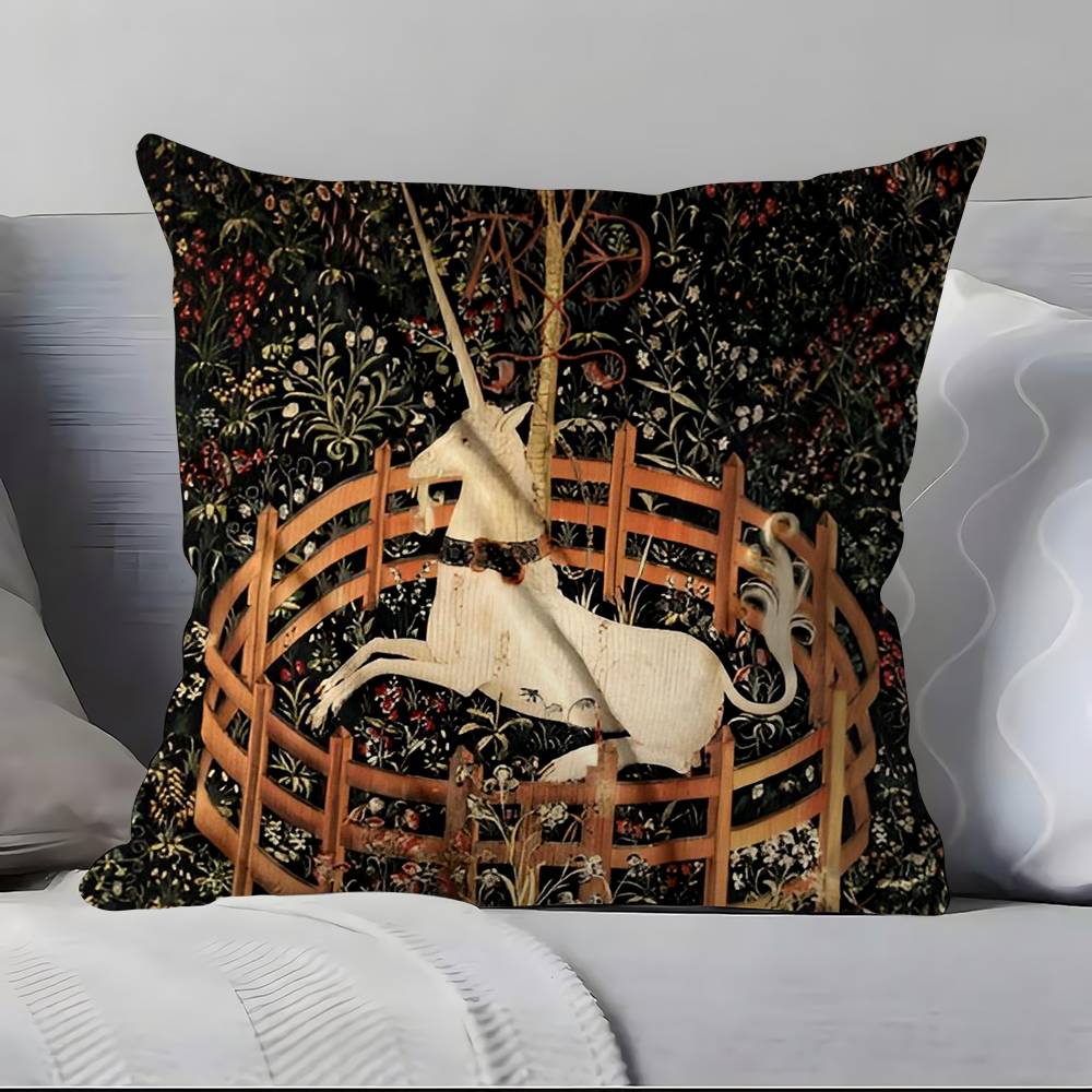 Vintage Medieval Unicorn Art Pillow Case Anti-dustmite Pillowcase Invisible Zipper Silky Short Plush Sofa Cushion Cover