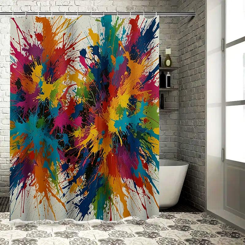 Vibrant Bathroom Shower Curtain with Colorful Splashes Blue, Red, Purple, Yellow Design for Home Decor in White Polyester Fabric