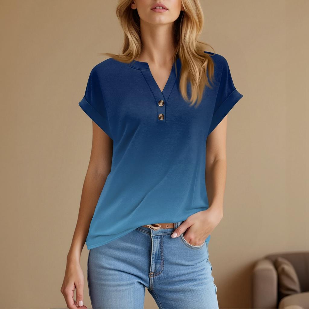 Women's Fashionable Casual Short-sleeved V-neck Button Printed Pullover Top