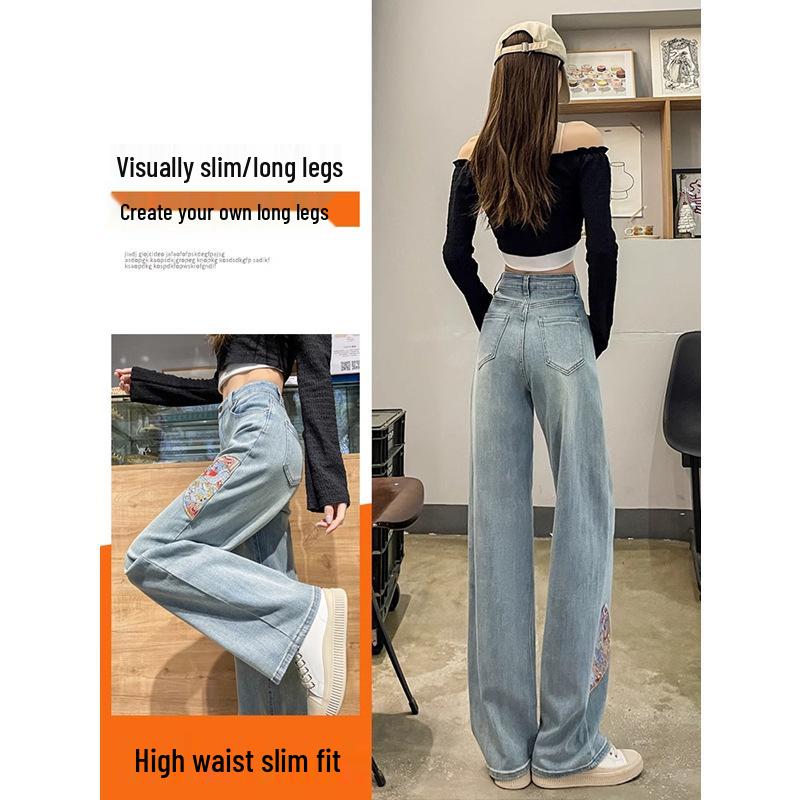 Women's Spring Wide-Leg Jeans with Chinese-Style Embroidery - High Waist, Light Color, Slim Fit