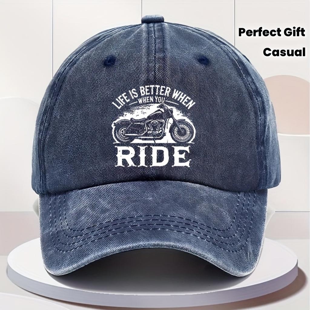Unisexs Vintage Motorcycle Baseball Cap Adjustable Retro Biker Cap with Motorcycle Rider Text Pattern Lightweight Riding Cap Su