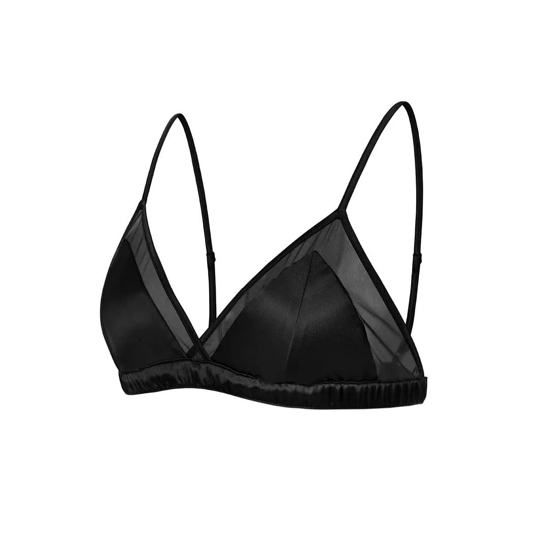 

SilRiver Satin Triangle Silk Threadless Mesh Cami Bra with Removable Pads Women s Bra, (Large, Black) чорний