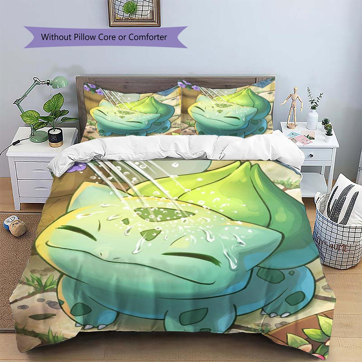 Bulbasaur Patterned Pillowcase & Duvet Cover Set Unique Anime Bedding for Bedroom Decor Perfect Gift for Anime Lovers.-TING 135x200cm