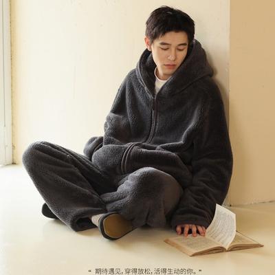 New Men's Pajamas Winter Flannel Fleece Thickened Loungewear Thermal Hooded Zipper Set Large Size