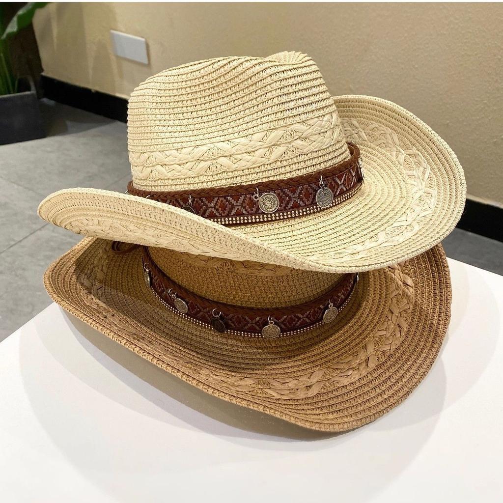 Ethnic style iron sheet decorative straw weaving western cowboy hat women's outdoor UV protection holiday sunshade sun climbing hat
