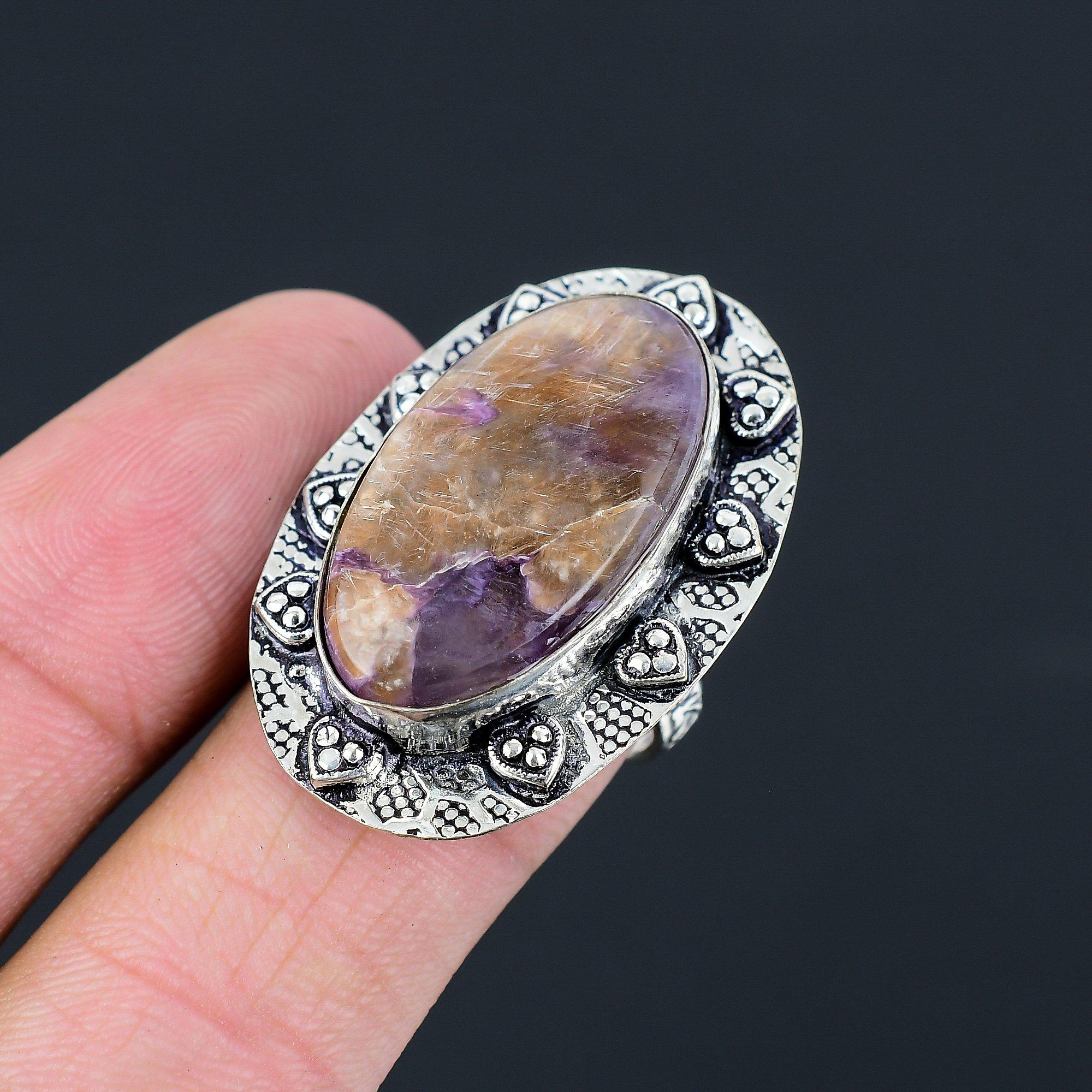 Womens day Sale Third Eye Chakra Charoite Stone Promise Sister Ring 925 Silver 9