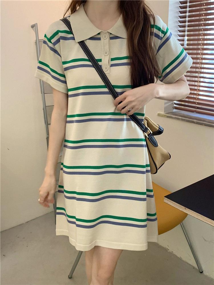 Tmall Douyin quality new summer Korean age-reducing polo collar loose stripe contrasting short-sleeved dress female student