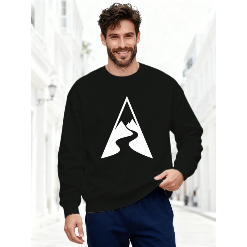 Men's Mountain And Winding Path Pattern Casual Round Neck Sweatshirt, Plus Size.