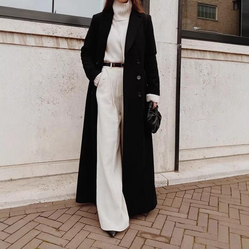 Womens Long Wool Blend Coat Winter Casual Oversized Trench Style Double-Breasted Outerwear