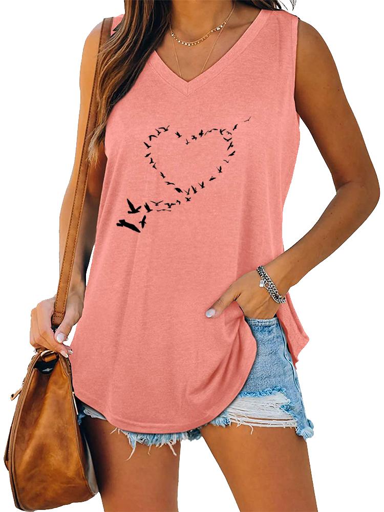 Women Fashion V Neck Printed Sleeveless Top Summer Casual Pullover Loose Tank Top