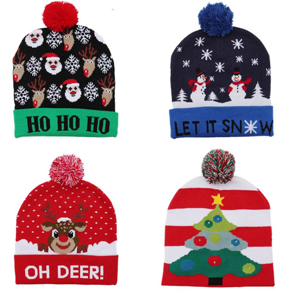Christmas Decoration Props Children's Colorful Glowing Light Knit Hat Cap Santa Clause Elk Snowman Style