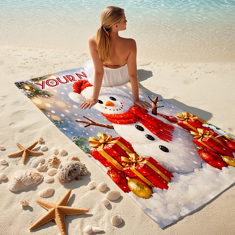 1PC Custom Name Christmas Snowman Gifts Scene Beach Towel Highly Absorbent And Sand-Resistant Towel for Swimming, Pool, Yoga, And Travel Lightweight