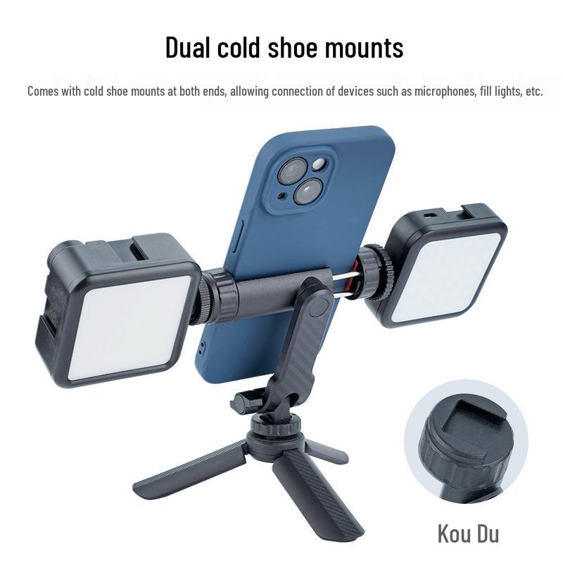 360° Rotatable Phone Holder with Dual Cold Shoe and Folding Clip for Desktop Live Streaming