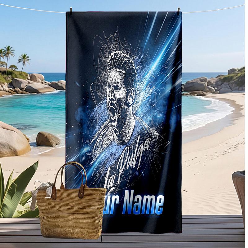 Asciugamano da Spiaggia Personalizzato Stampato Lionel Messi Logo Calcio Supporto Nome Personalizzato Testo Asciugamano Assorbente Per Sport Viaggio Regalo Speciale