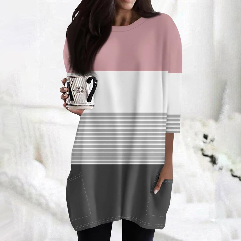 Damenmode Lässig 3/4 Ärmel Print Rundhals Doppelpattentasche T-Shirt Top