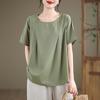 Retro Cotton Linen Short Sleeve Round Neck Top - Summer Solid Color Linen T-shirt