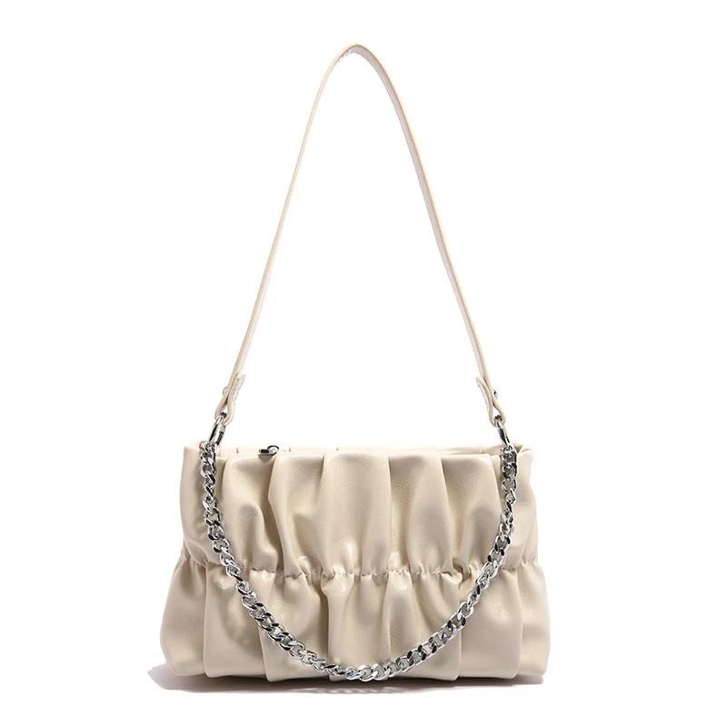 Monochromatic pleated PU women's shoulder bag with chain zipper stitching line versatile crossbody bags